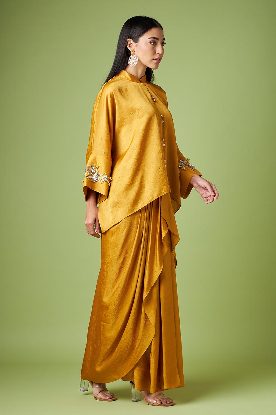Yellow Kimono Kaftan & Drape Skirt Set