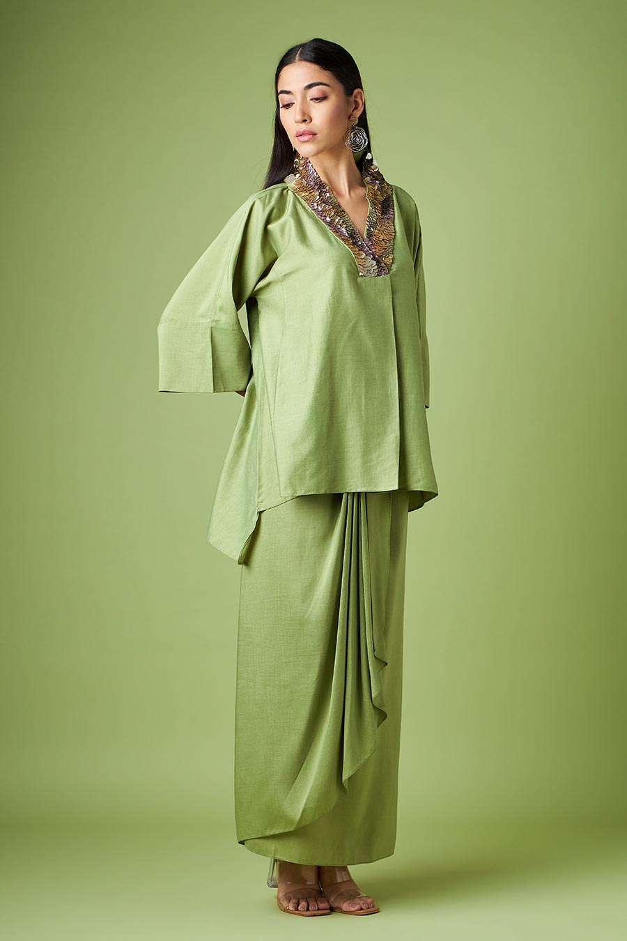 Green Kimono Kaftan & Drape Skirt Co-Ord Set