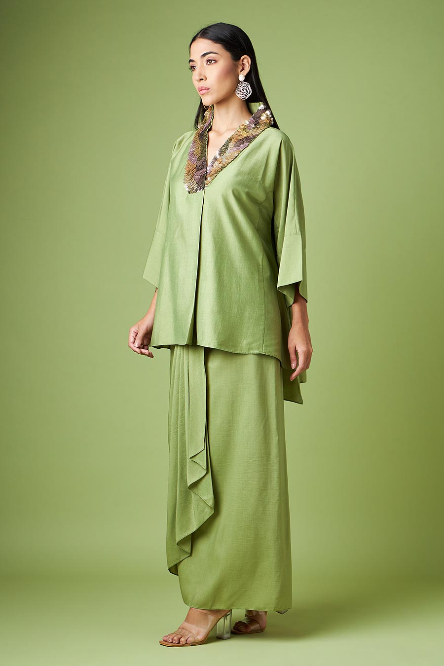Green Kimono Kaftan & Drape Skirt Co-Ord Set