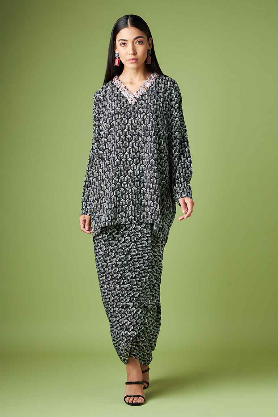 Black Printed Kaftan & Skirt Co-Ord Set