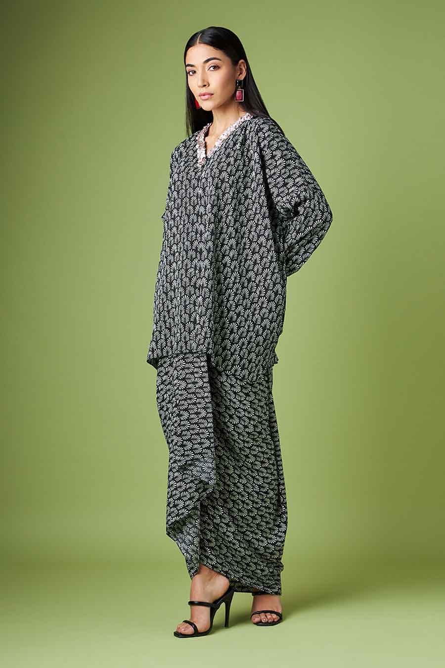 Black Printed Kaftan & Skirt Co-Ord Set