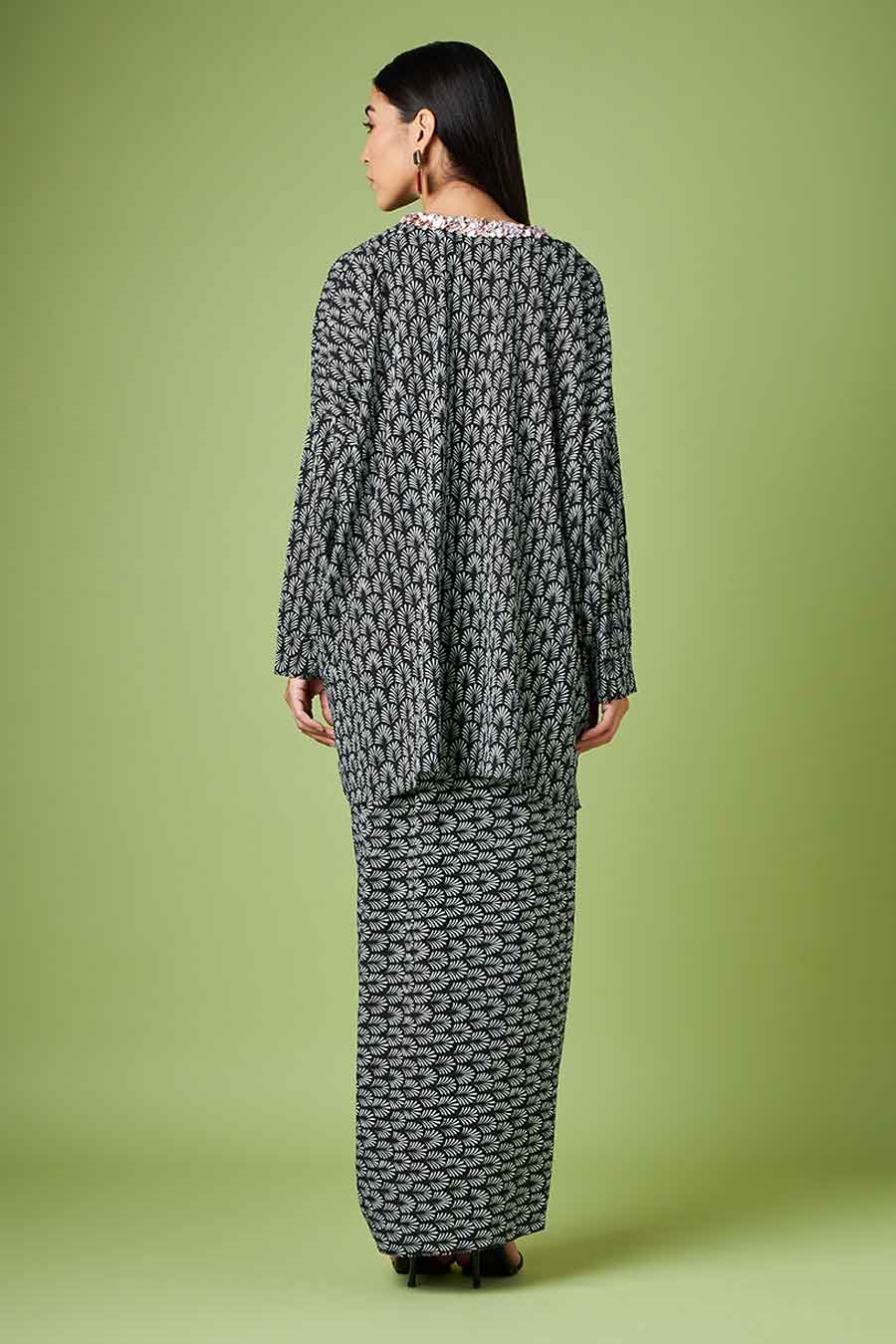Black Printed Kaftan & Skirt Co-Ord Set