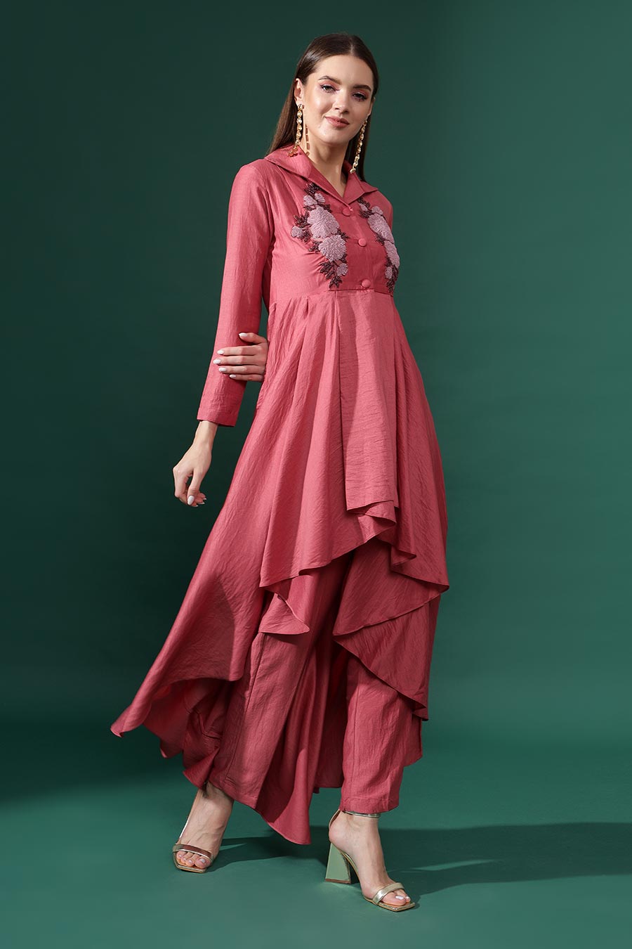 Pink Embroidered Cotton Silk Co-Ord Set