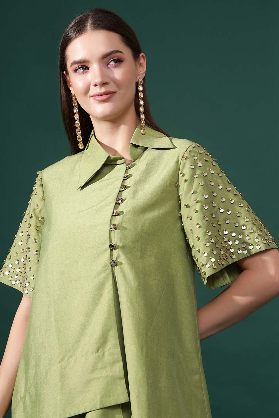 Coral Green Embellished Cotton Silk Co-Ord Set