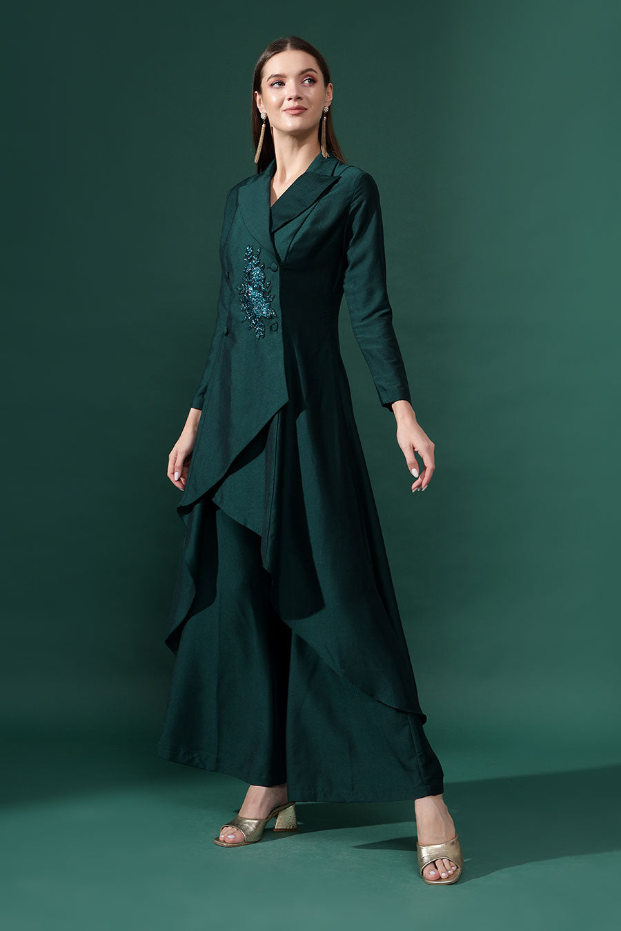 Green Cotton Silk Crystal Embellished Co-Ord Set