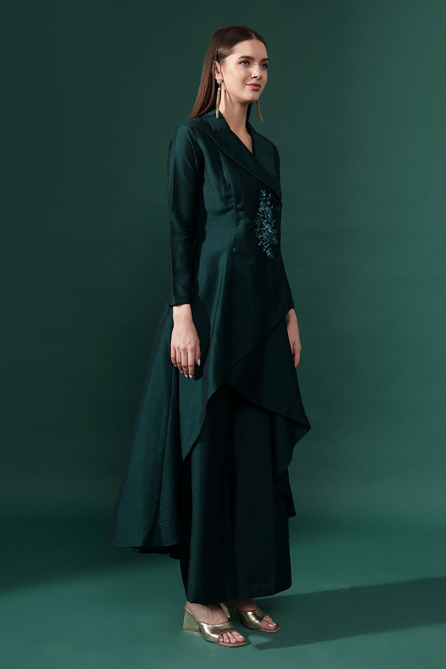 Green Cotton Silk Crystal Embellished Co-Ord Set