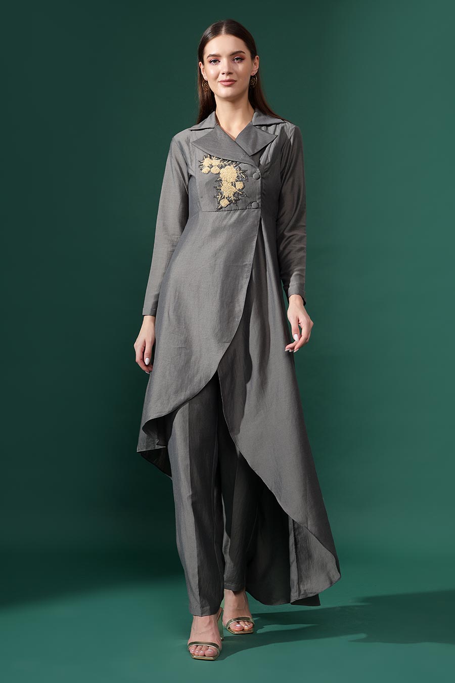 Grey Cotton Silk Embroidered Co-Ord Set