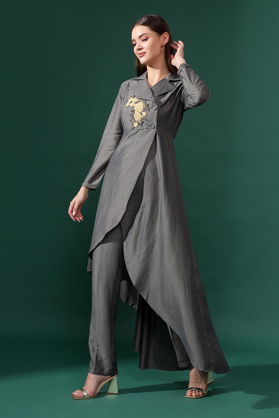 Grey Cotton Silk Embroidered Co-Ord Set