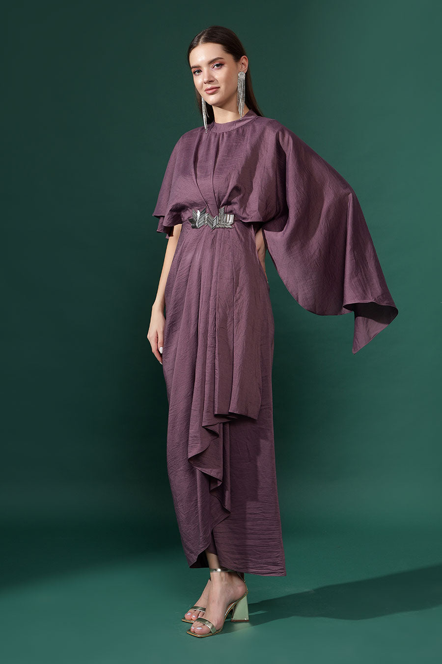 Purple Cotton Silk Embellished Drape Dress