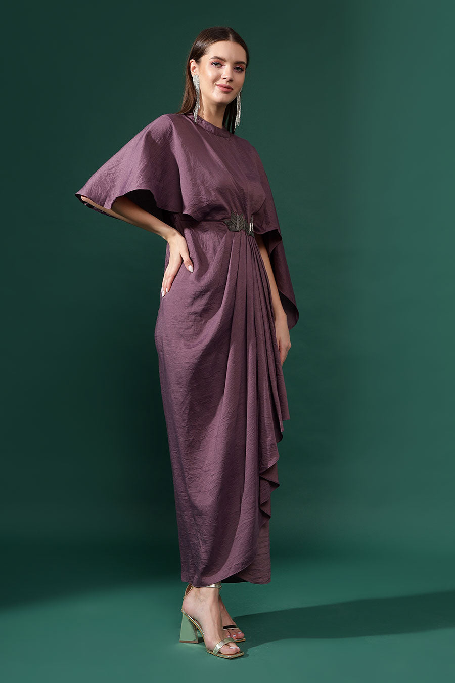 Purple Cotton Silk Embellished Drape Dress