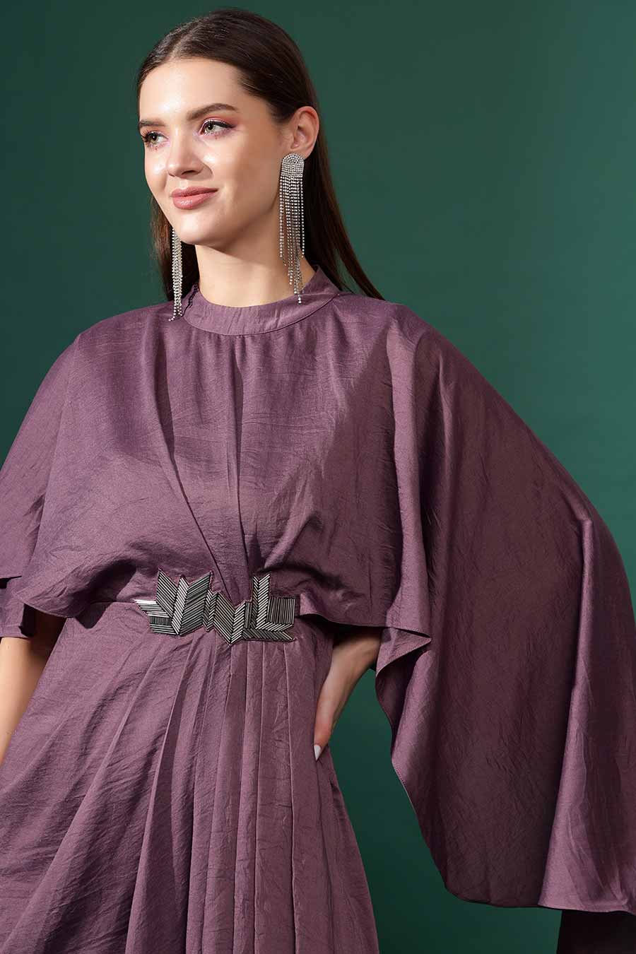 Purple Cotton Silk Embellished Drape Dress