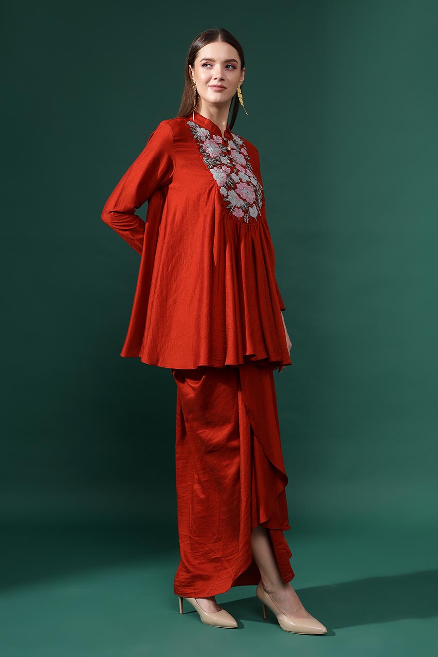 Rust Orange Silk Embellished Garden Co-Ord Set