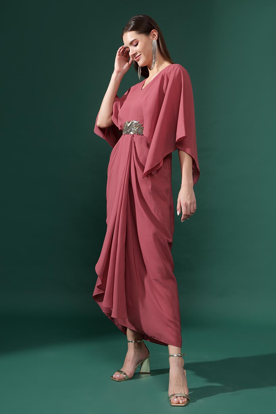 Sara Pink Embroidered Drape Dress