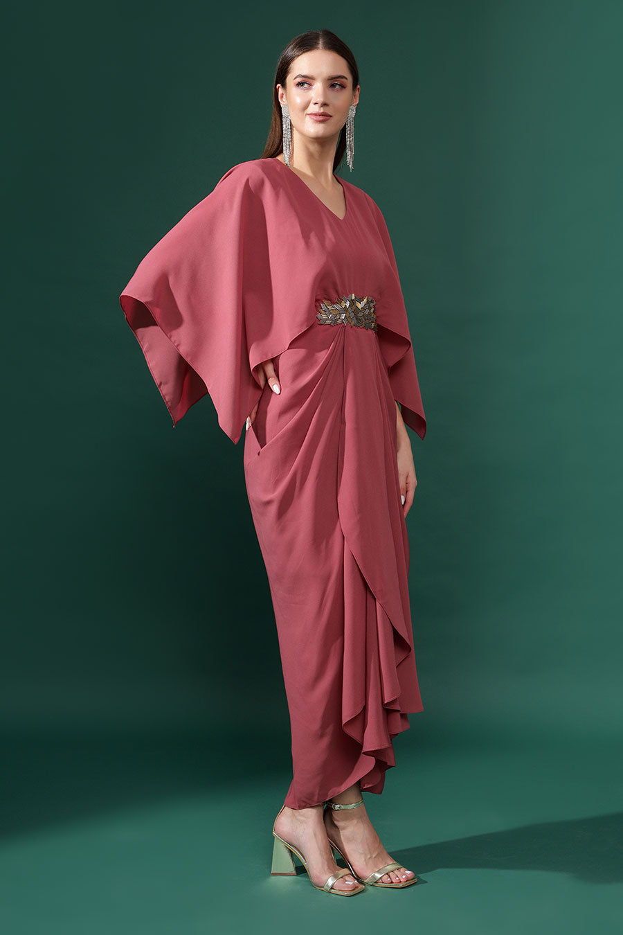Sara Pink Embroidered Drape Dress