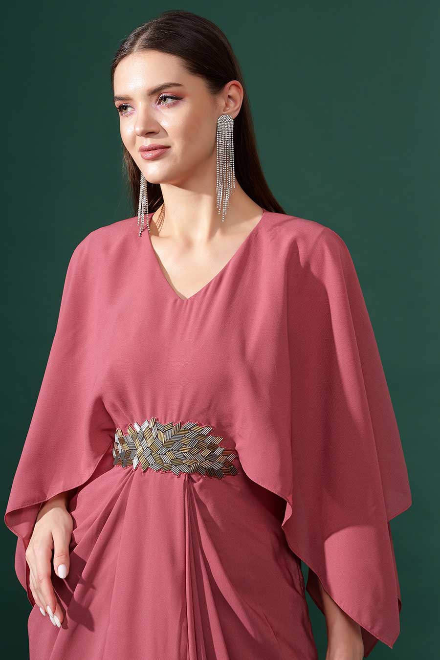 Sara Pink Embroidered Drape Dress
