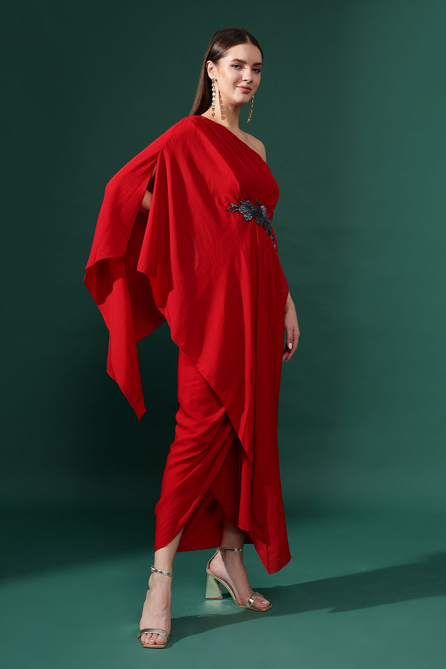 Red One-Shoulder Embellished Drape Dress