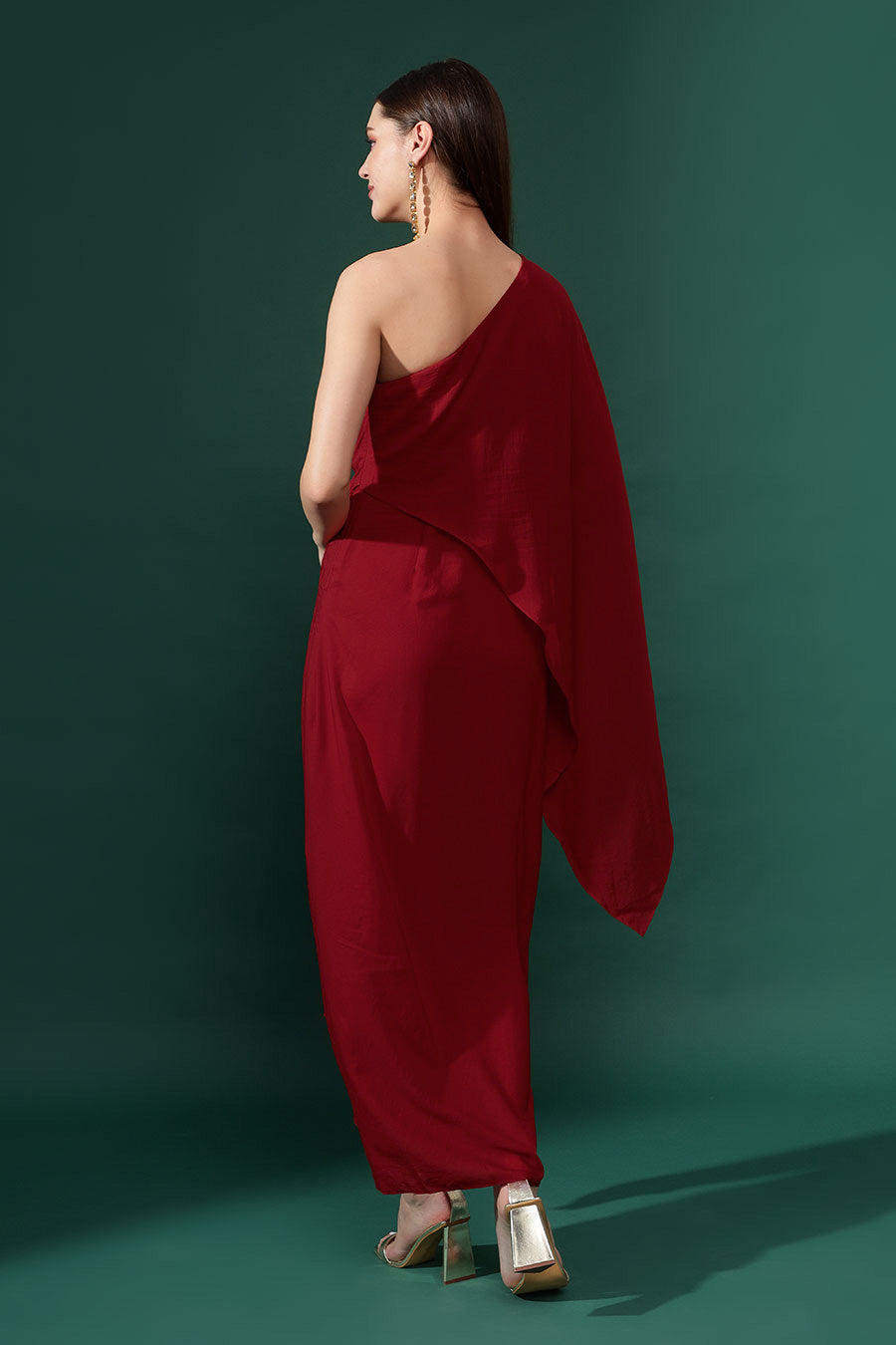 Red One-Shoulder Embellished Drape Dress