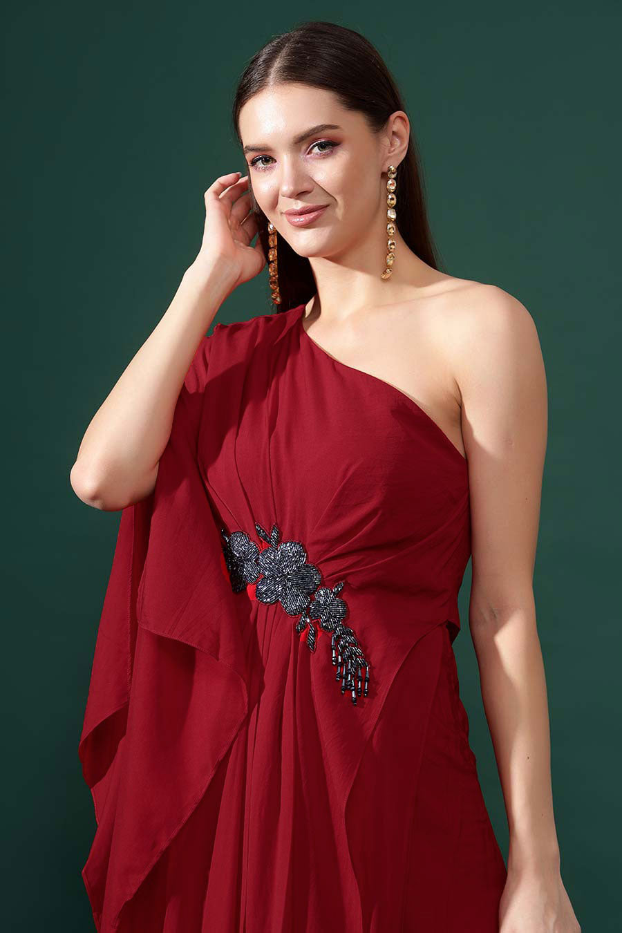 Red One-Shoulder Embellished Drape Dress