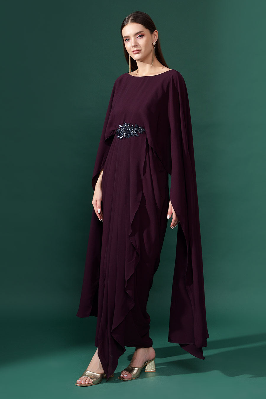 Elena Purple Embellished Drape Gown Dress