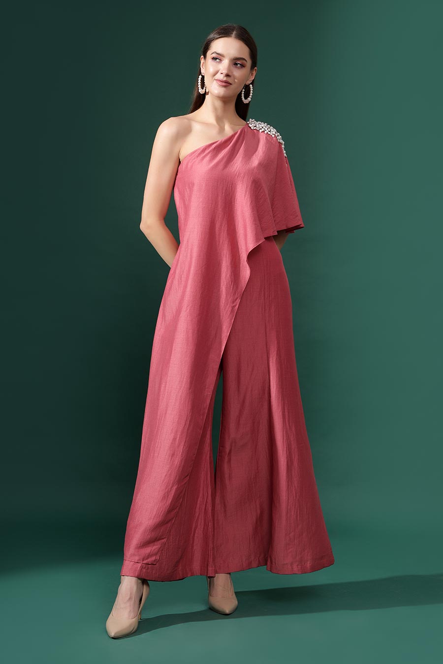 Pearl Embellished Pink One-Shoulder Jumpsuit