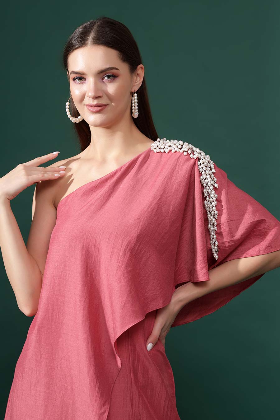 Pearl Embellished Pink One-Shoulder Jumpsuit