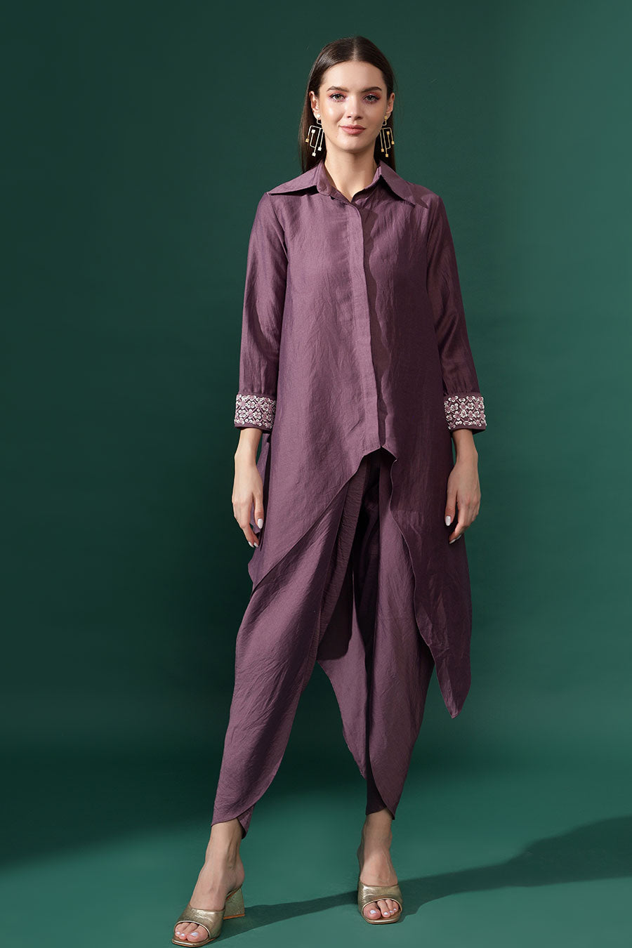 Purple Cotton Silk Tunic & Drape Pant Co-Ord Set