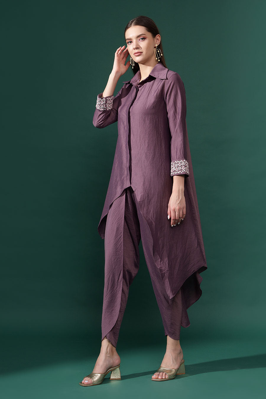 Purple Cotton Silk Tunic & Drape Pant Co-Ord Set