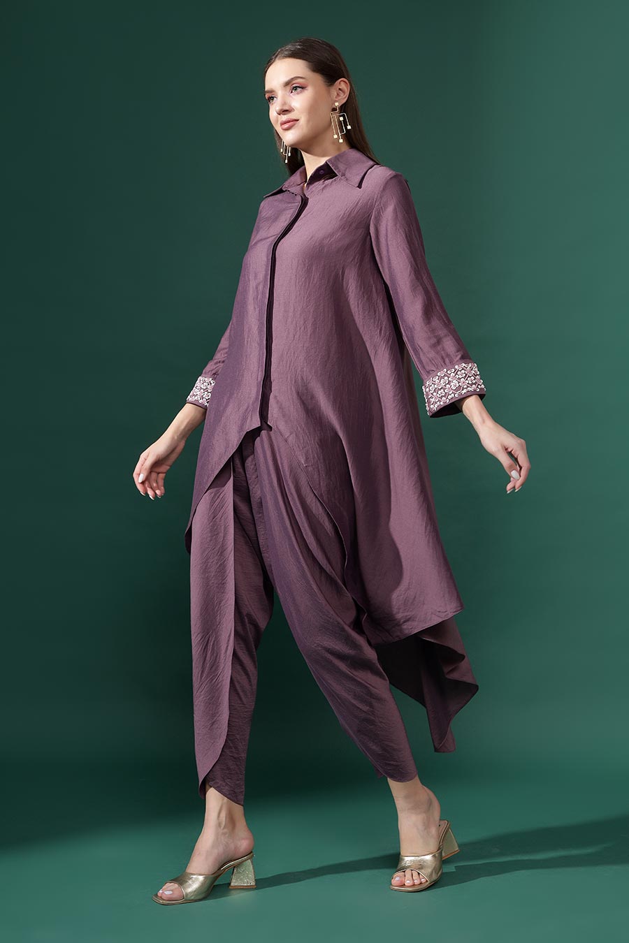 Purple Cotton Silk Tunic & Drape Pant Co-Ord Set