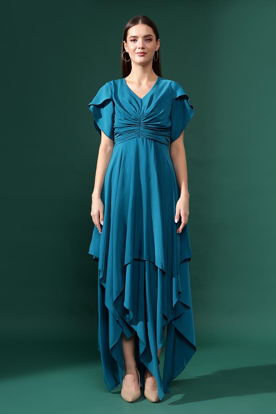 Blue Silk Crepe Draped Handkerchief Dress