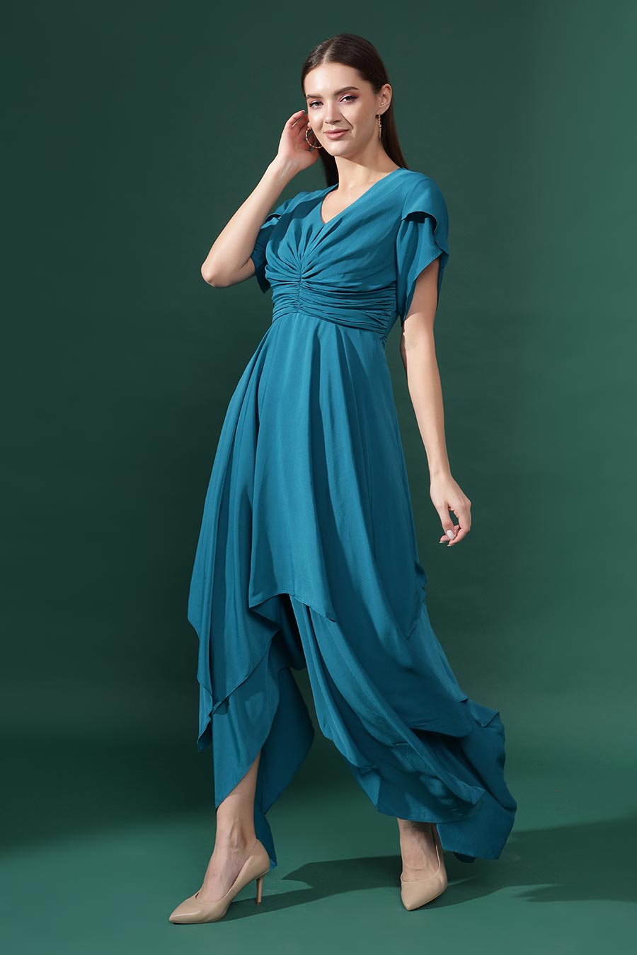 Blue Silk Crepe Draped Handkerchief Dress