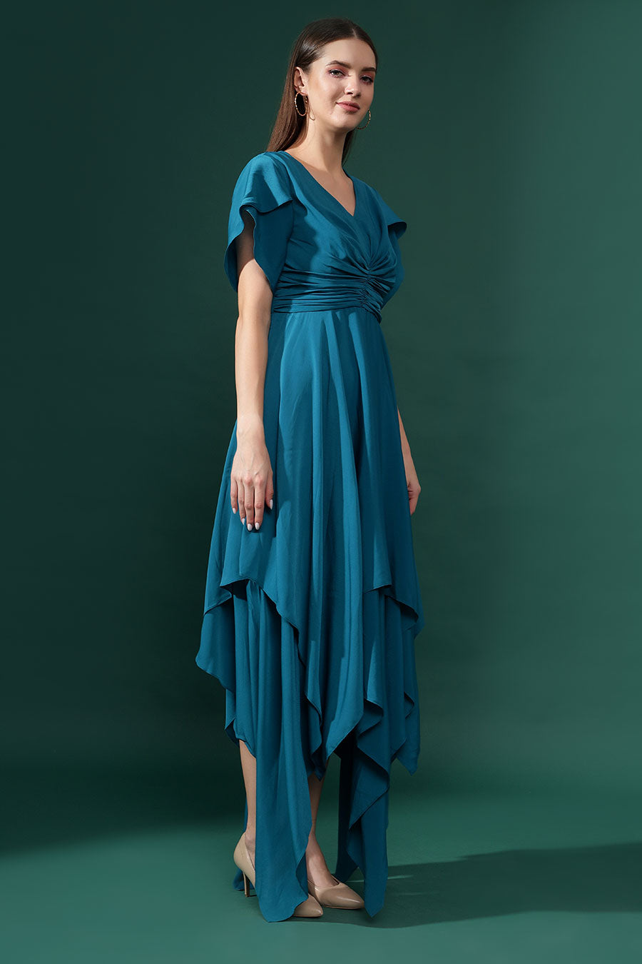 Blue Silk Crepe Draped Handkerchief Dress