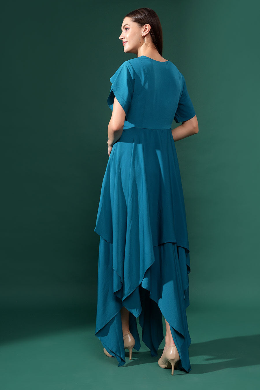 Blue Silk Crepe Draped Handkerchief Dress