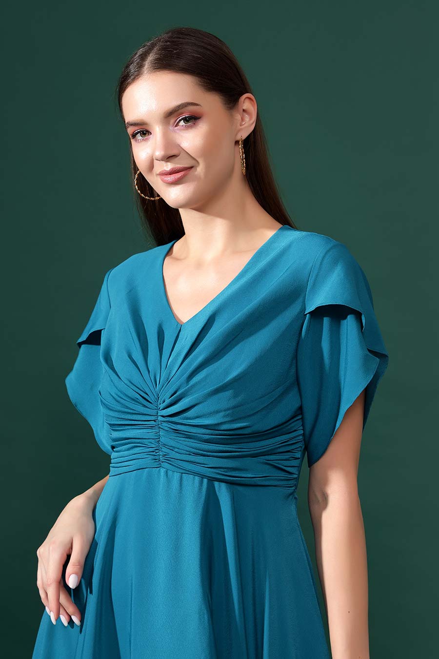 Blue Silk Crepe Draped Handkerchief Dress