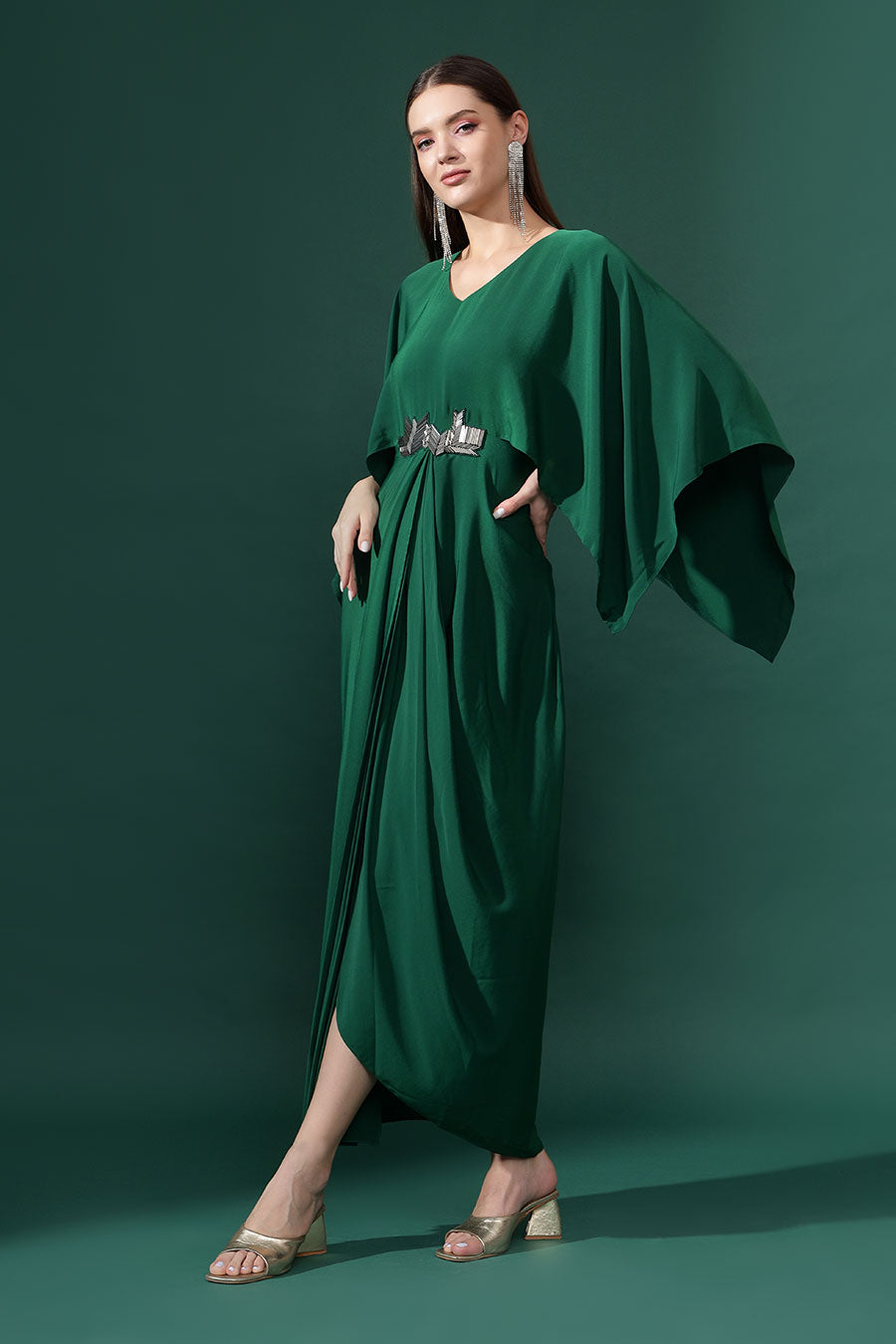 Bottle Green Metallic Embellished Drape Dress