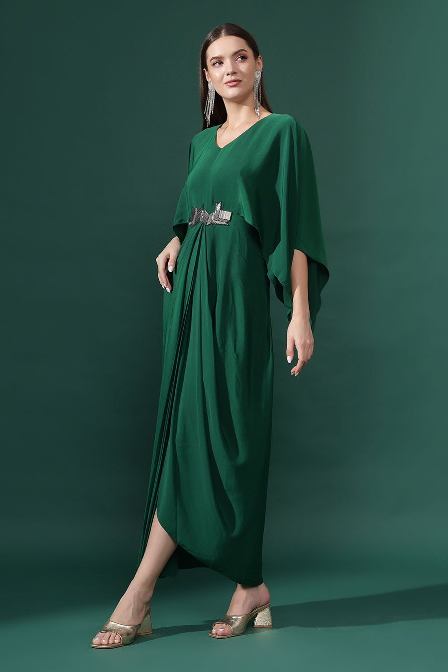 Bottle Green Metallic Embellished Drape Dress