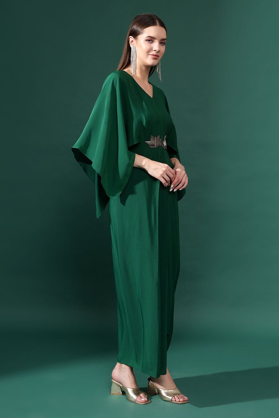 Bottle Green Metallic Embellished Drape Dress