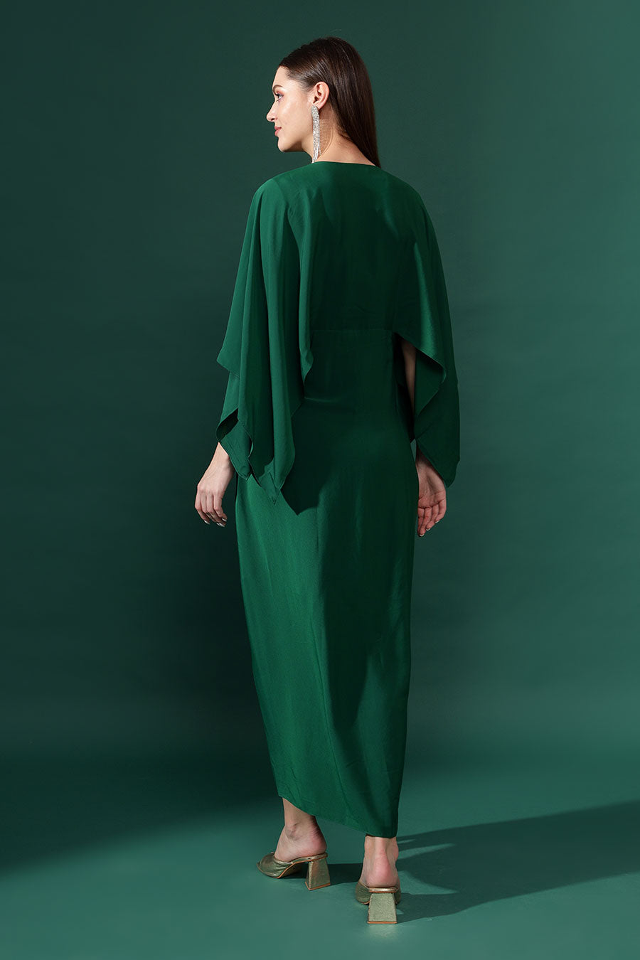 Bottle Green Metallic Embellished Drape Dress