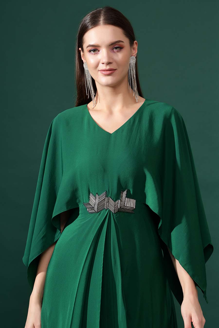 Bottle Green Metallic Embellished Drape Dress