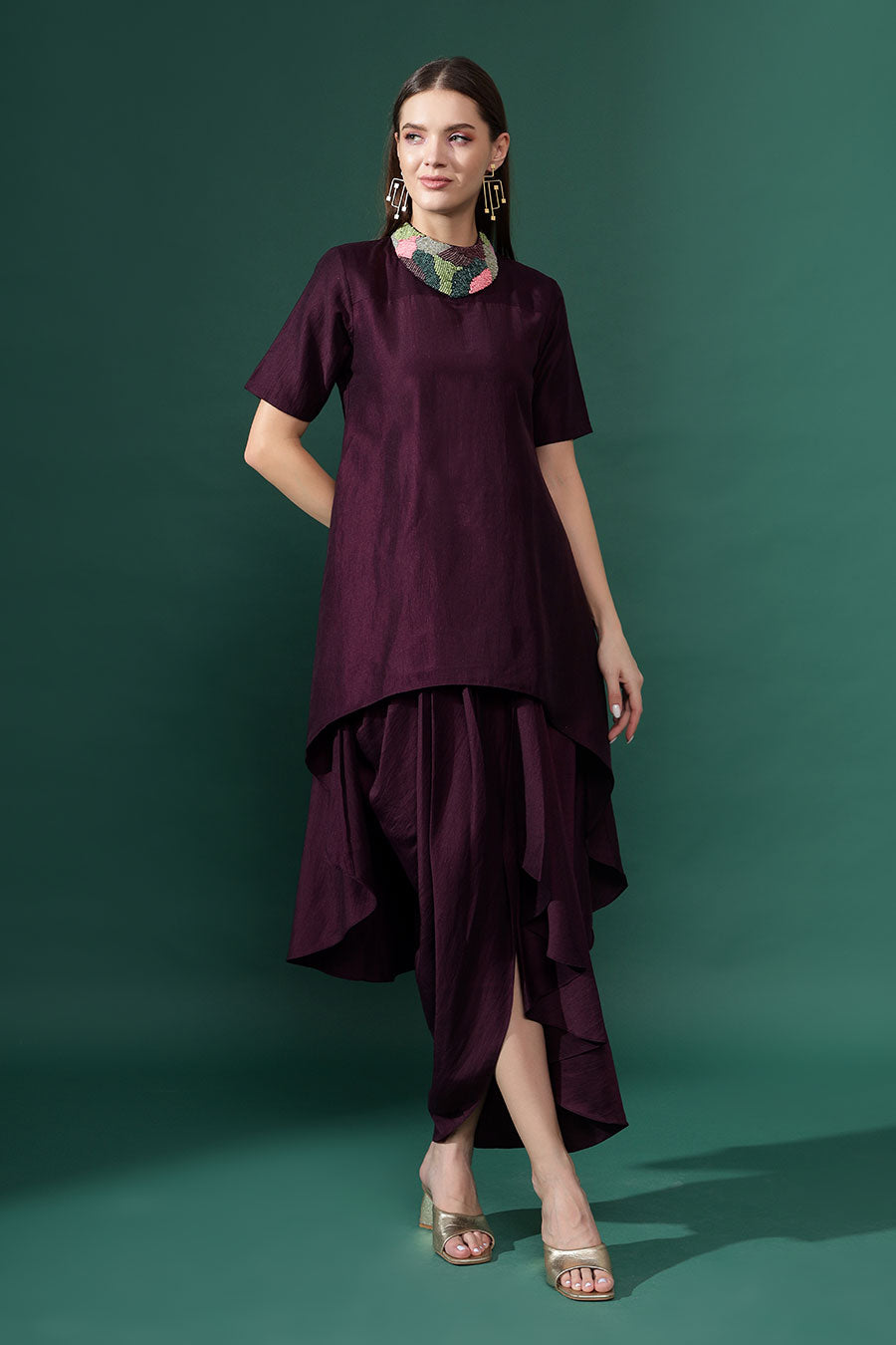 Purple Cotton Silk Tunic & Draped Skirt Co-Ord Set