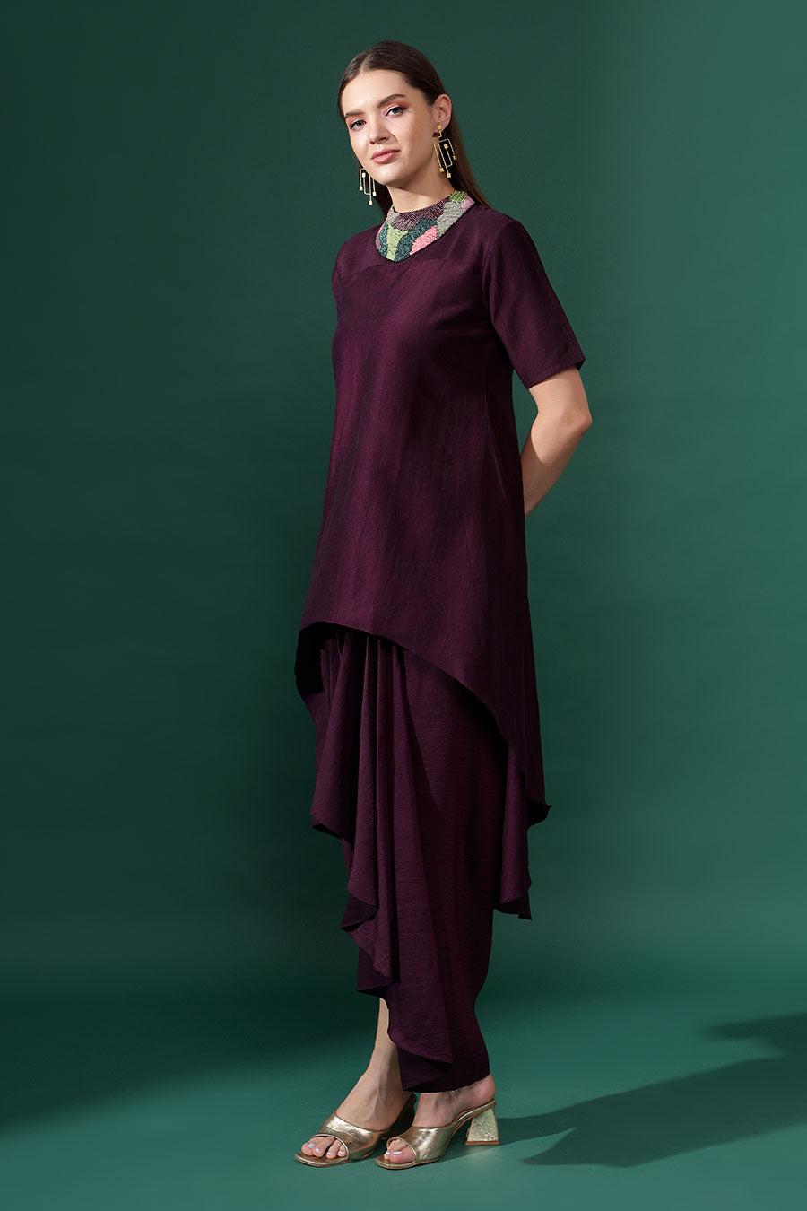 Purple Cotton Silk Tunic & Draped Skirt Co-Ord Set