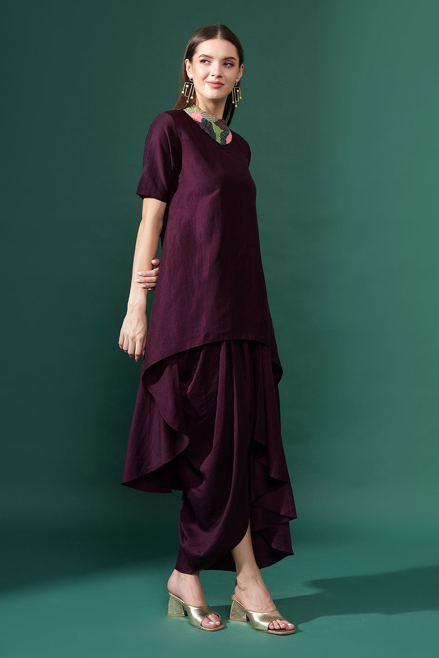 Purple Cotton Silk Tunic & Draped Skirt Co-Ord Set