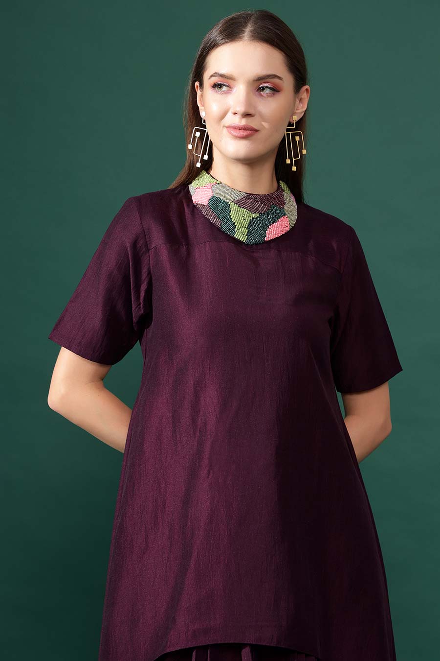Purple Cotton Silk Tunic & Draped Skirt Co-Ord Set