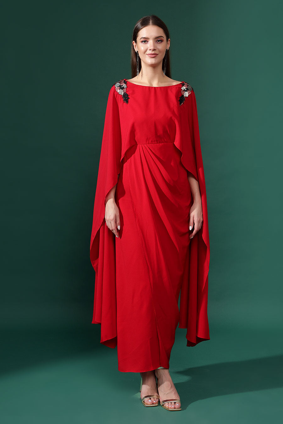 Red Lounge Embroidered Drape Dress