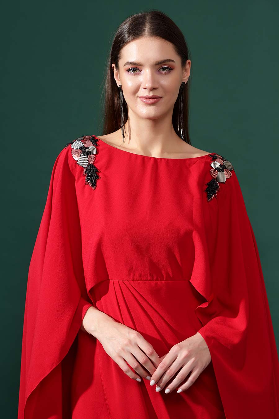 Red Lounge Embroidered Drape Dress