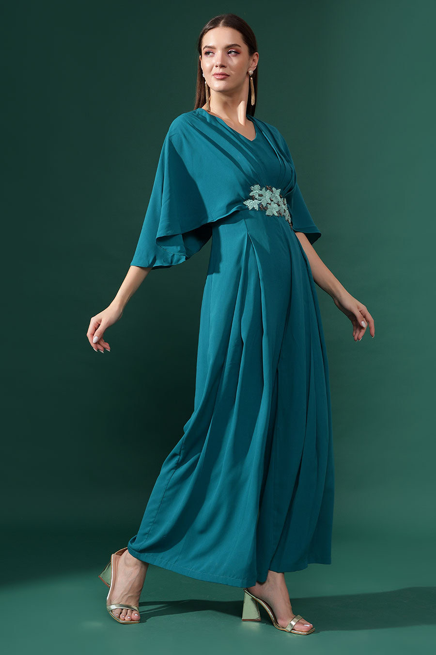 Sea Blue Floral Embellished Pleated Jumpsuit