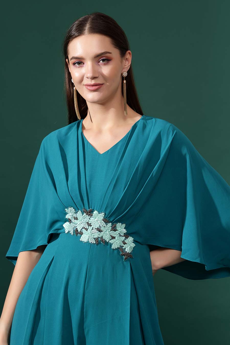 Sea Blue Floral Embellished Pleated Jumpsuit