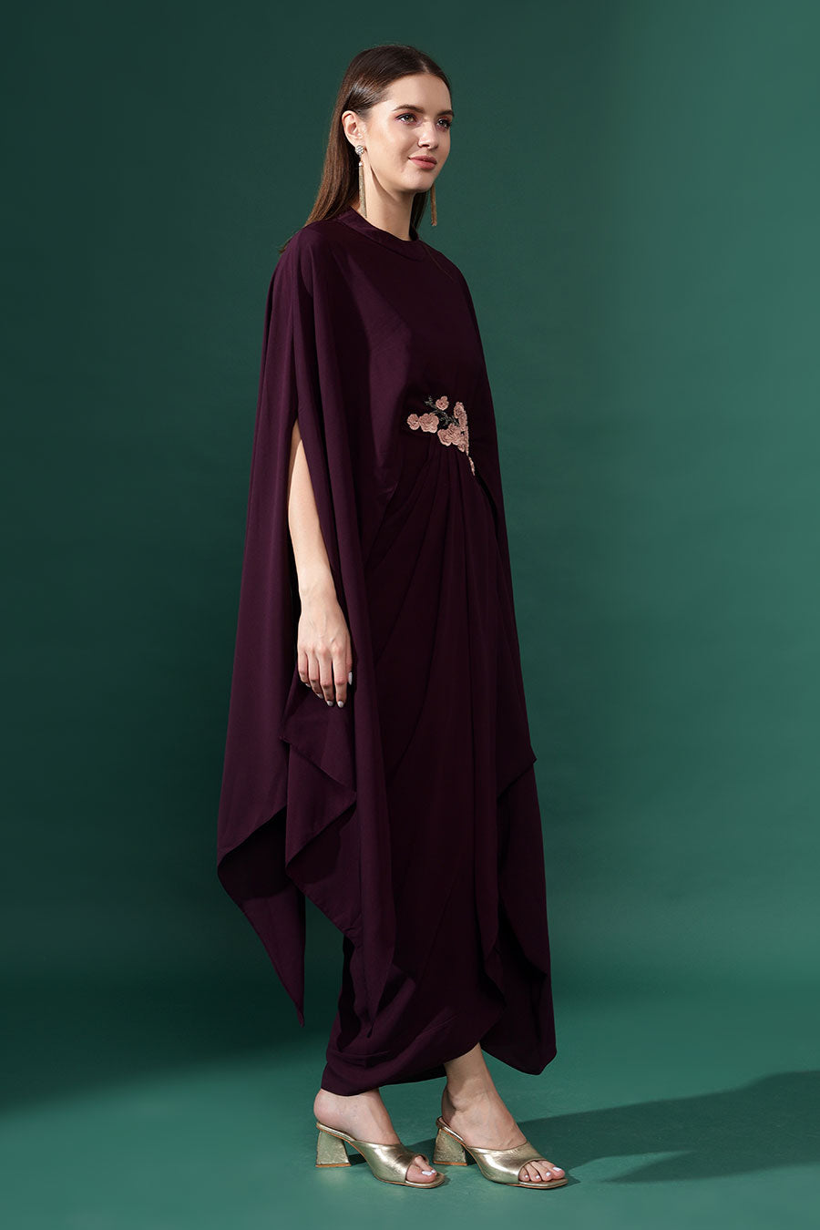 Purple Embroidered Drape Gown Dress