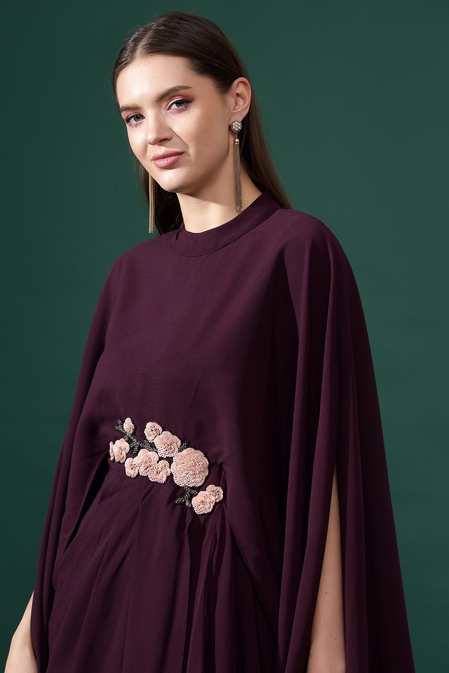 Purple Embroidered Drape Gown Dress