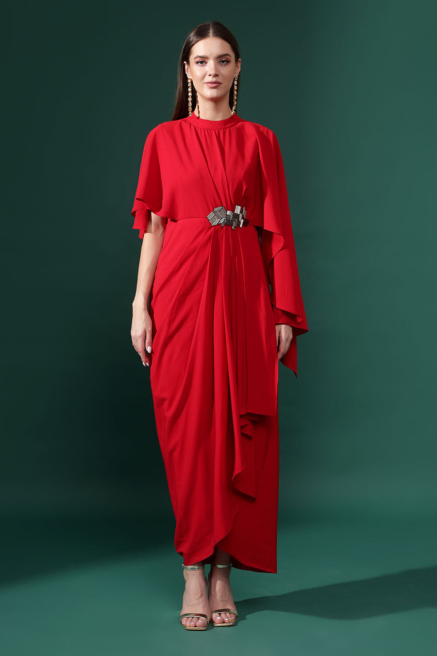 Red Embroidered Drape Dress