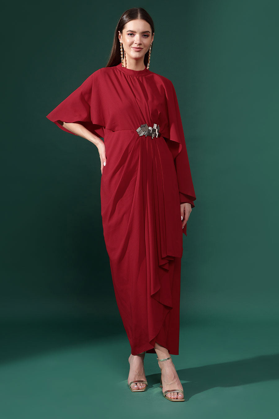 Red Embroidered Drape Dress